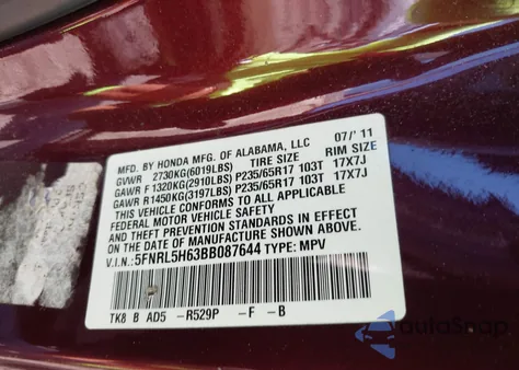2011 Honda Odyssey Ex-L from USA, damaged, VIN 5FNRL5H63BB087644
